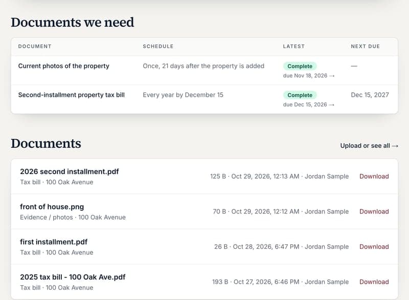 A property page with its required documents
