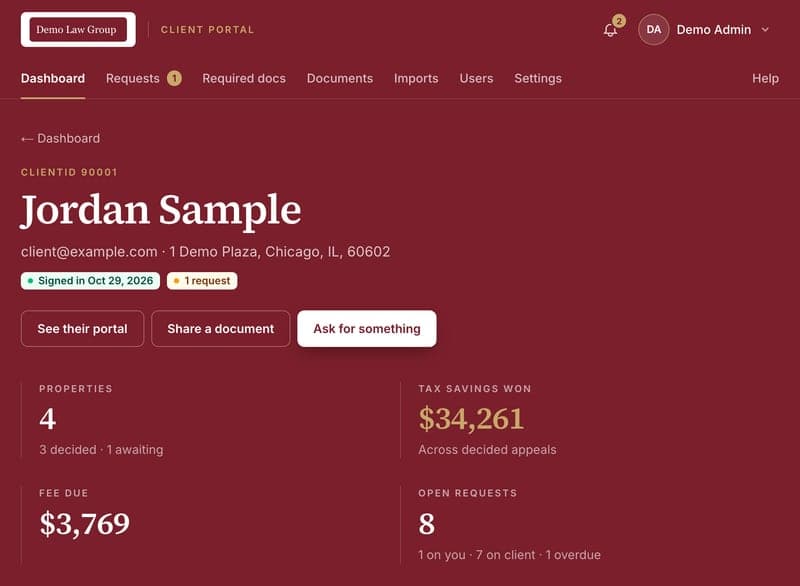 A client's page with totals and properties