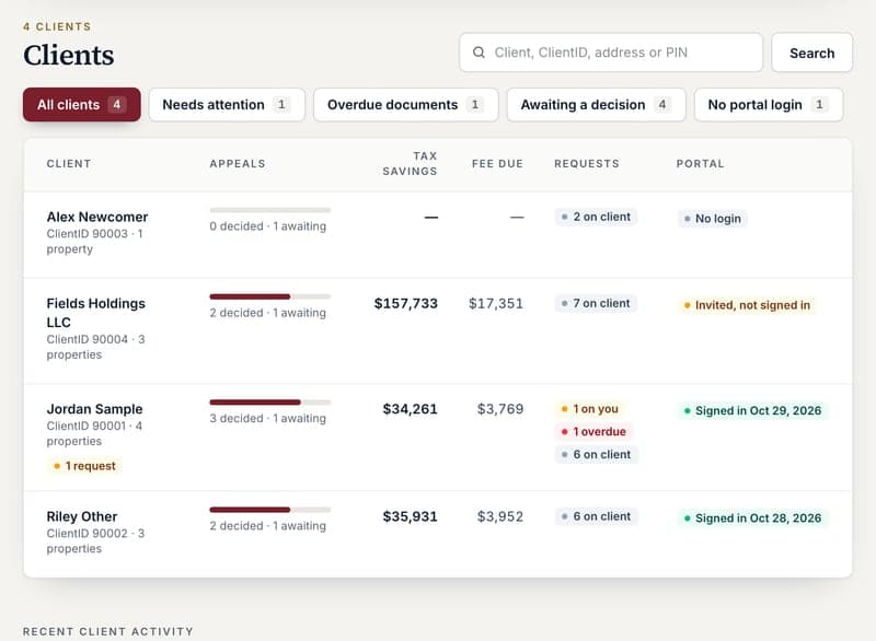 The Clients table on the dashboard with filters