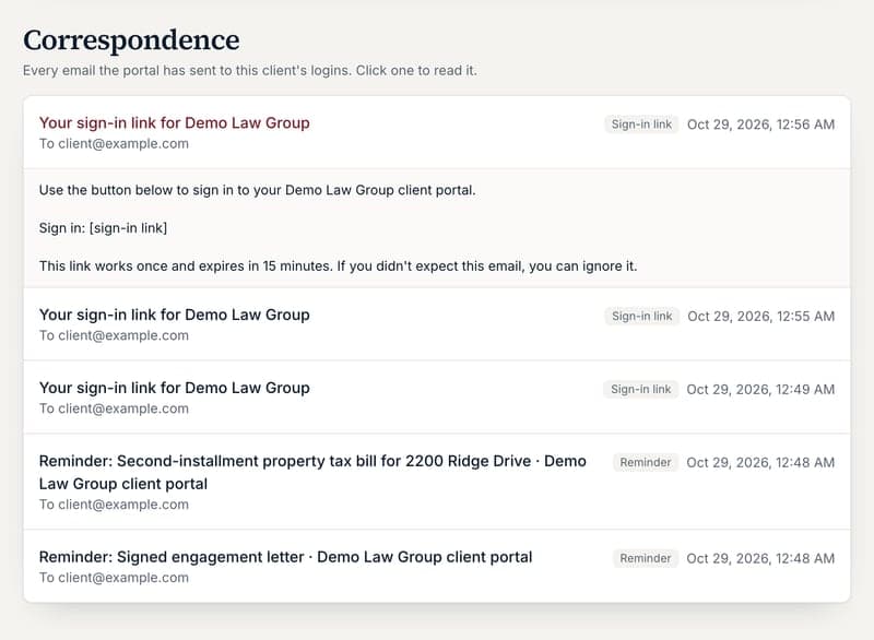 The Correspondence list on a client's page with one email open