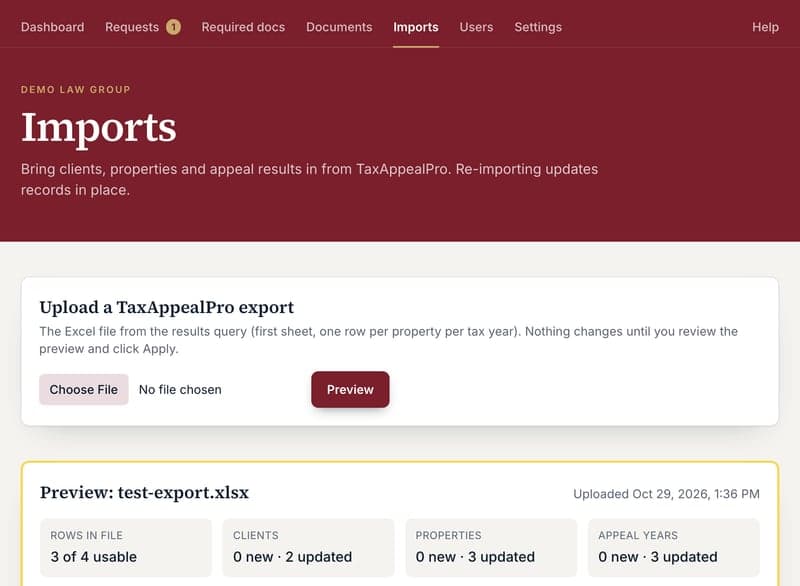 The Imports page showing a preview with counts