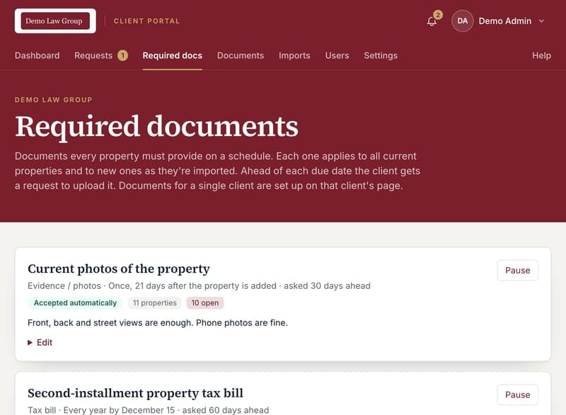 The Required documents page with two firm-wide documents